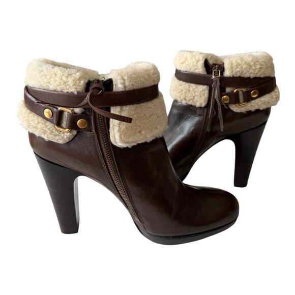 Miu Miu Shearling Lined Brown Leather Ankle Boots SIZE 9.5 Buckle Strap Designer - Picture 4 of 16